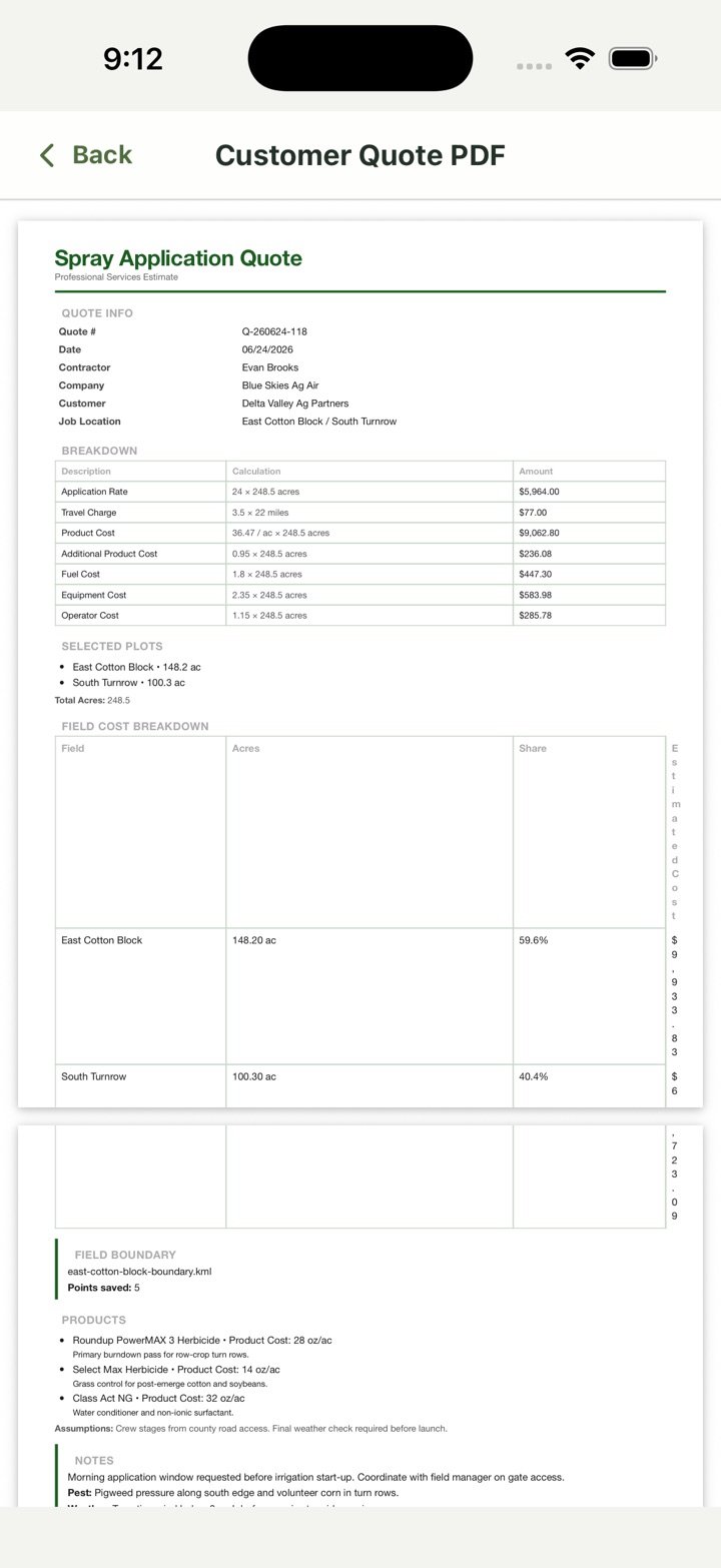 Spray Rate customer quote PDF preview with application quote details, cost breakdown, fields, products, and notes.