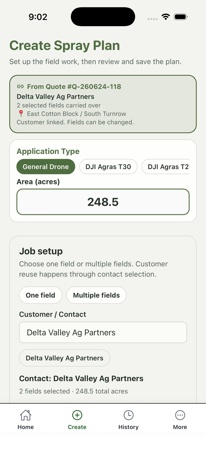 Spray Rate create spray plan screen showing a quote-linked plan, application type, acreage, and job setup.